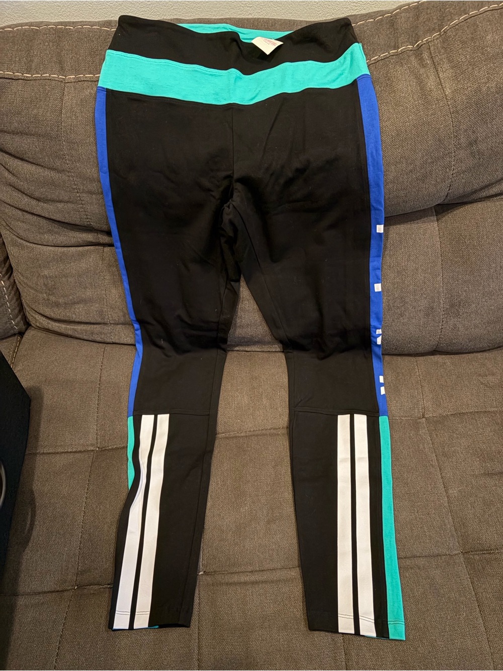 Pink By VS Black Leggings with Turquoise Waist and Blue Side Stripes